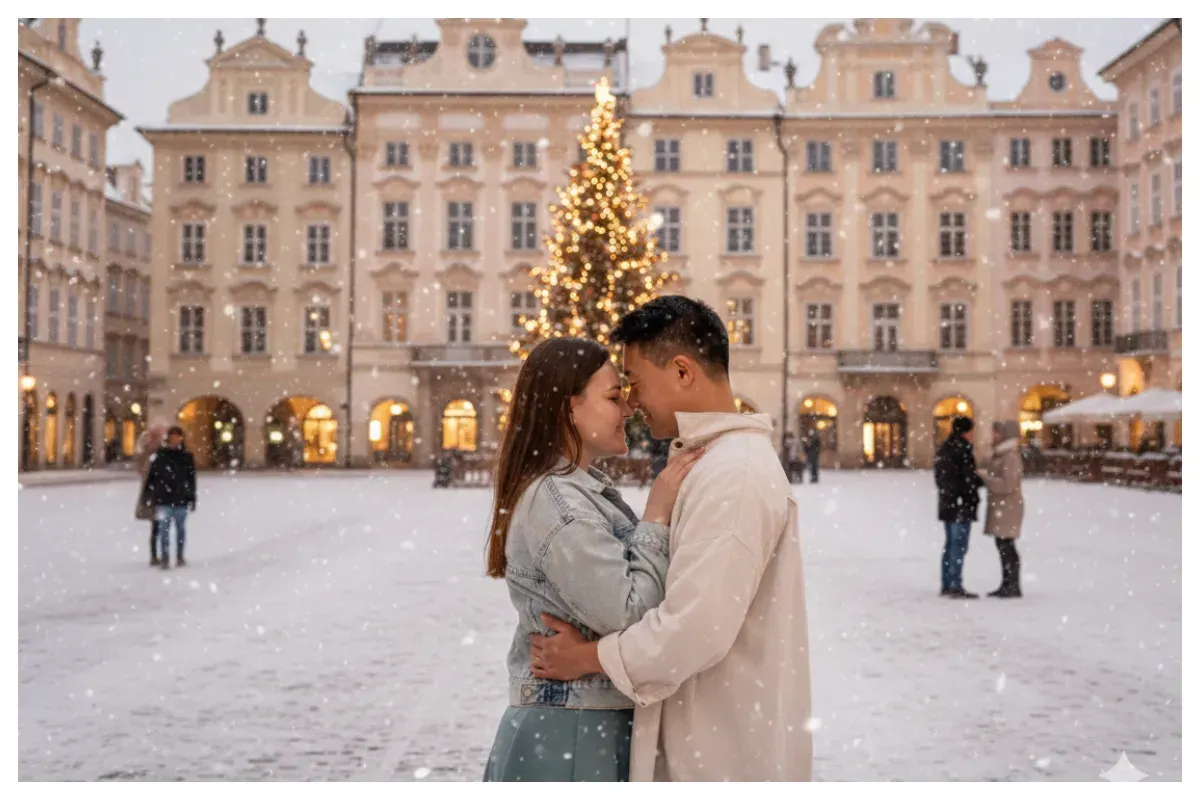 Hasil prompt Gemini AI terbaik foto pasangan liburan di Eropa berselimut salju. (Sumber: Freepik)