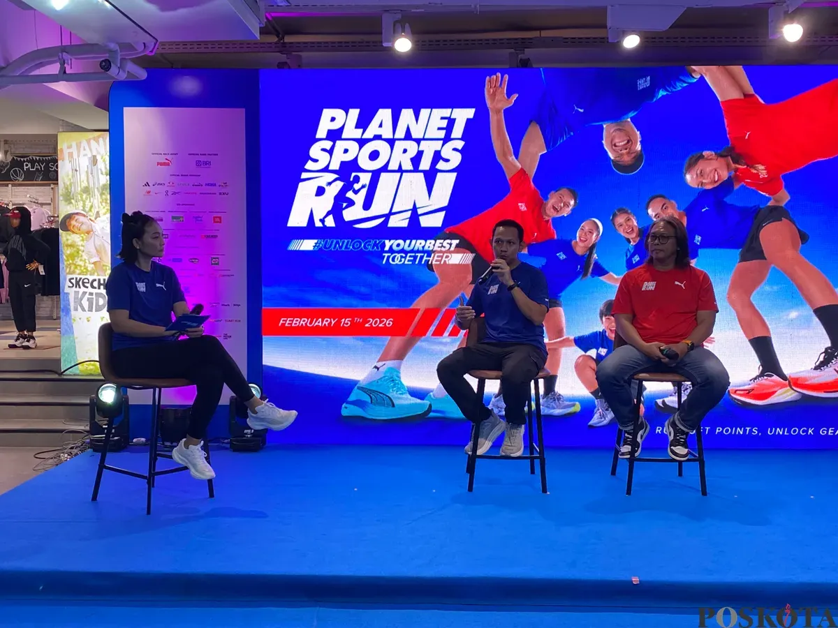 Panji Cakrasantana GM MAP Active Sports Brand Marketing dan Didit , Race Director Planet Sports Run 2026 saat mengisi talkshow Planet Sports Run 2026 yang digelar di Djakarta Theater Rabu, 26 November 2025 (Sumber: Poskota: Herdyan Anugrah Triguna)