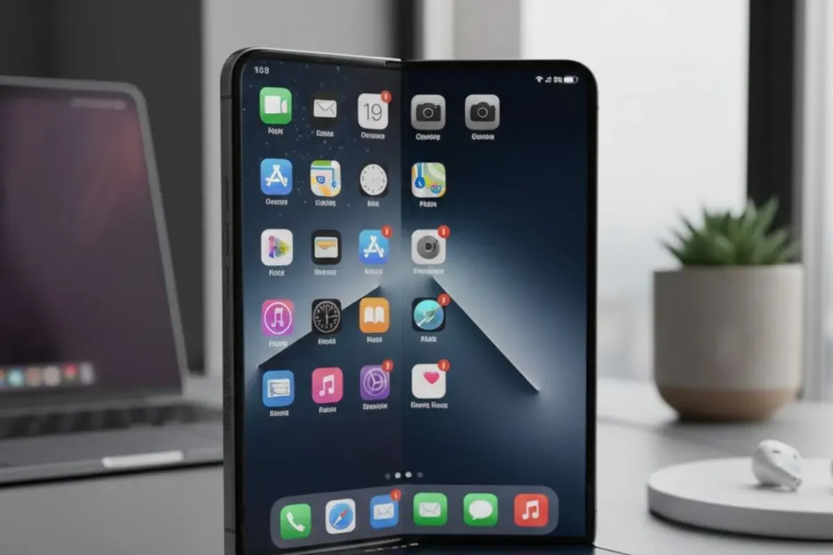 Ilustrasi iPhone Fold, ponsel lipat pertama Apple. (Sumber: Gemini AI)