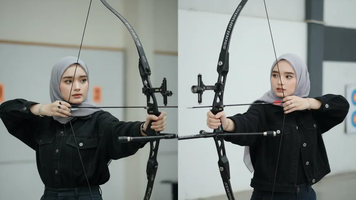Hasil visual close-up wanita berhijab sedang membidik busur recurve—dihasilkan Gemini AI dengan detail optik dan tekstur menyerupai fotografi profesional. (Sumber: Gemini AI)