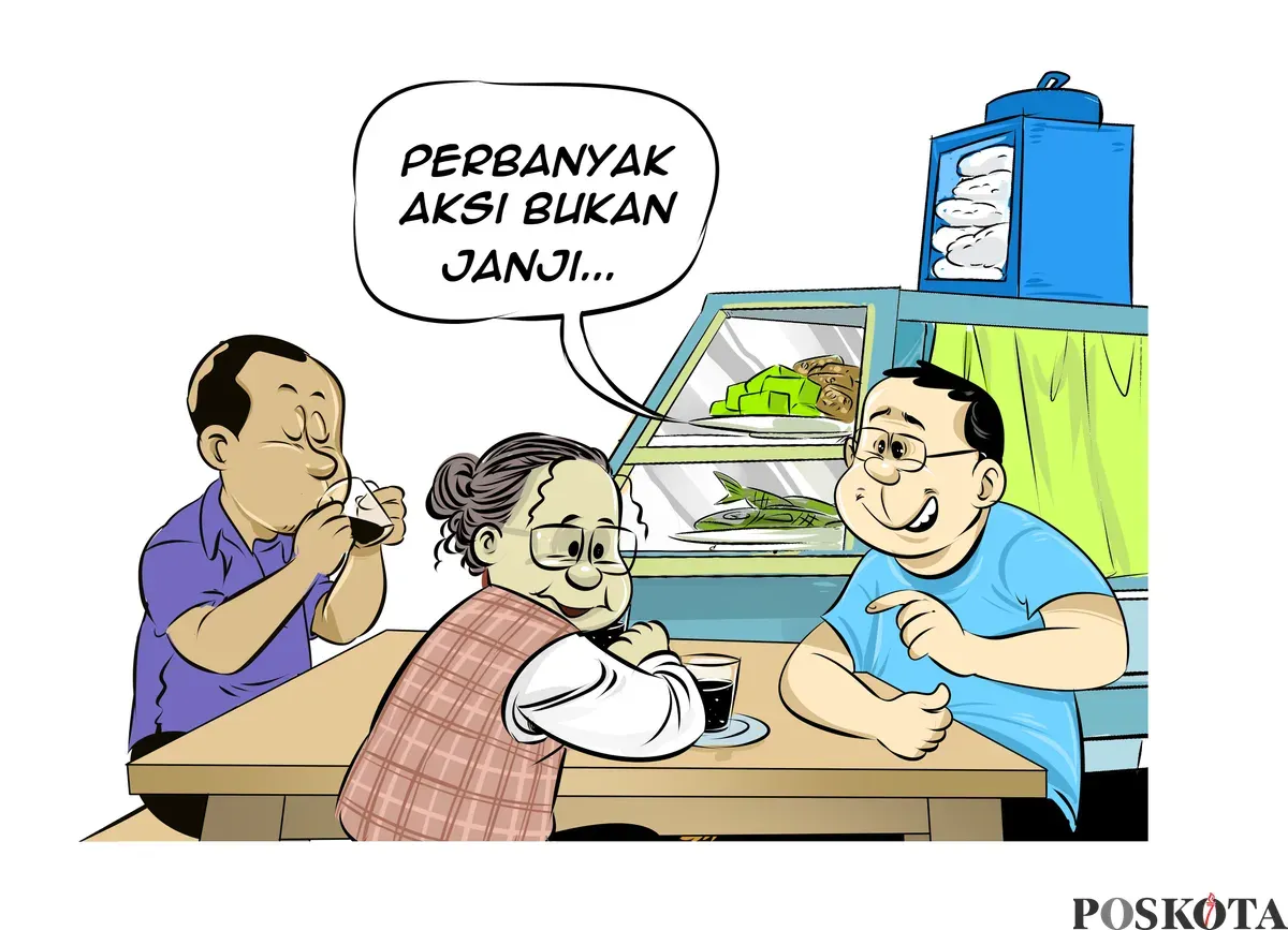 Tiga sahabat di warteg tampak berbincang sambil menikmati minuman, dengan salah satu dari mereka mengutip pesan “Perbanyak aksi bukan janji.” (Sumber: Poskota/Arif Setiadi)