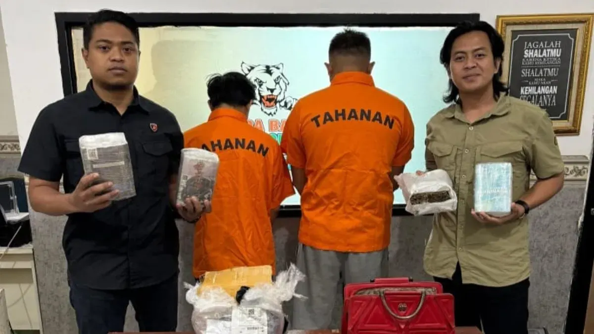 Dua tersangka pengedar ganja berikut barang bukti disita Polda Banten. (Sumber: Dok. Polda Banten)