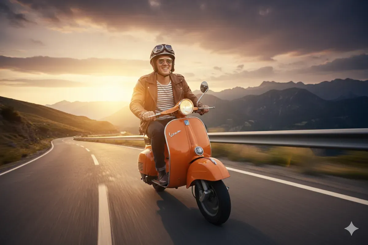 Prompt Gemini AI cowok keren bawa motor vespa klasik. (Sumber: Freepik/katemangostar)