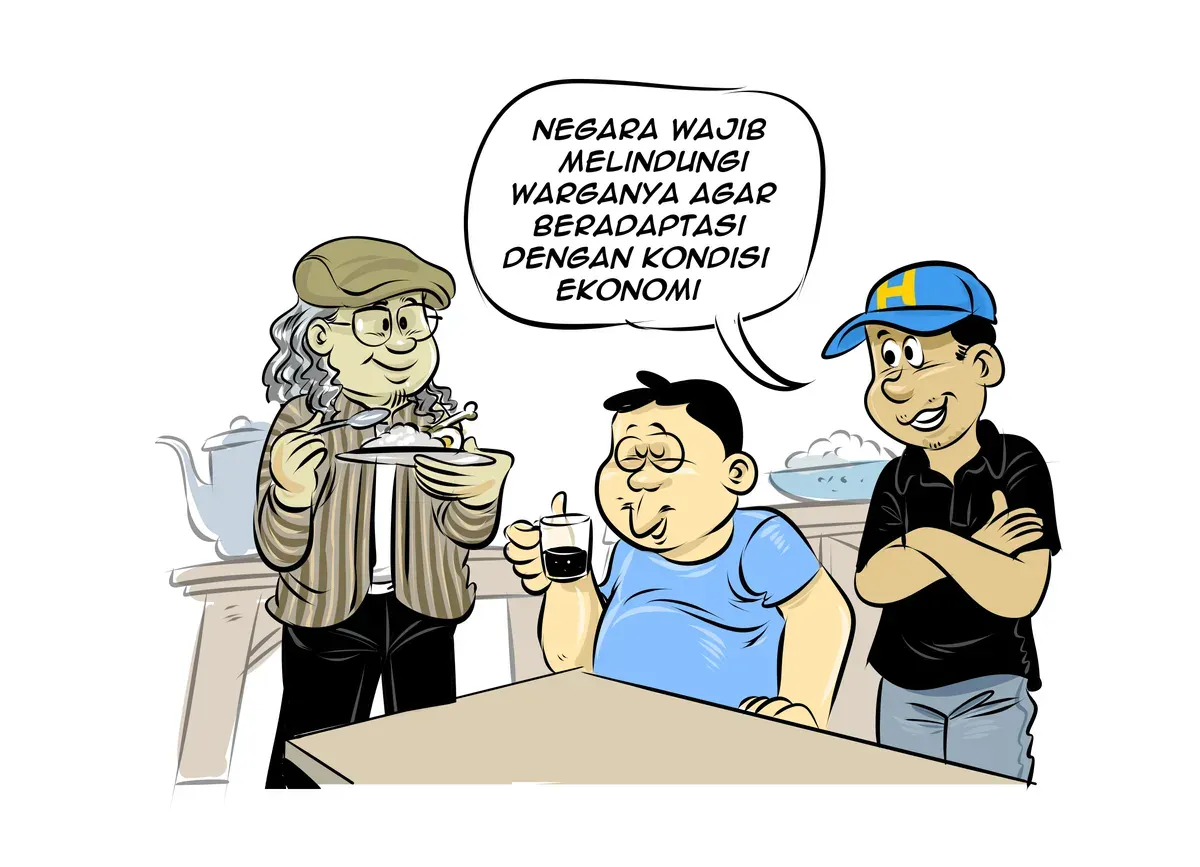 Ilustrasi obrolan warteg yang menyinggung pentingnya peran negara dalam membantu masyarakat beradaptasi menghadapi kondisi ekonomi yang berubah. (Sumber: Poskota/Arif Setiadi)