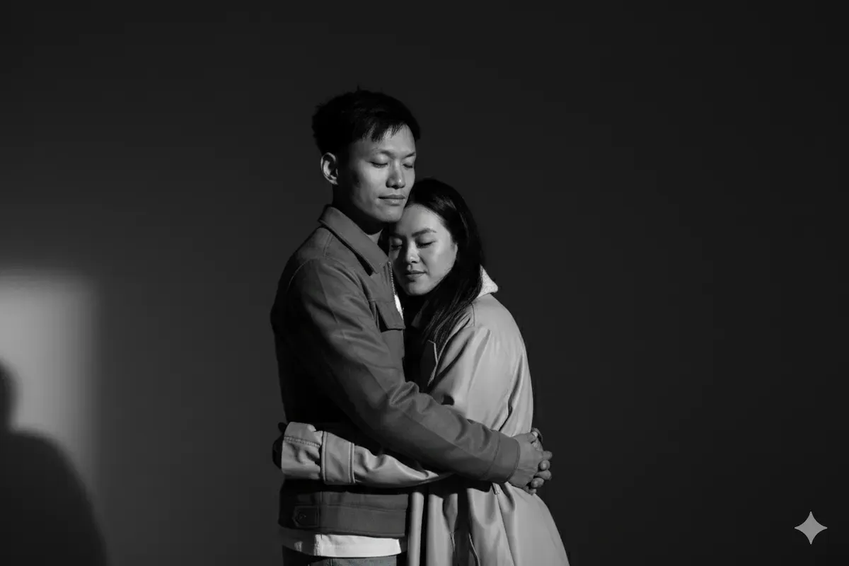 Hasil edit prompt Gemini AI pasangan kekinian bertema monokrom di studio. (Sumber: Freepik)