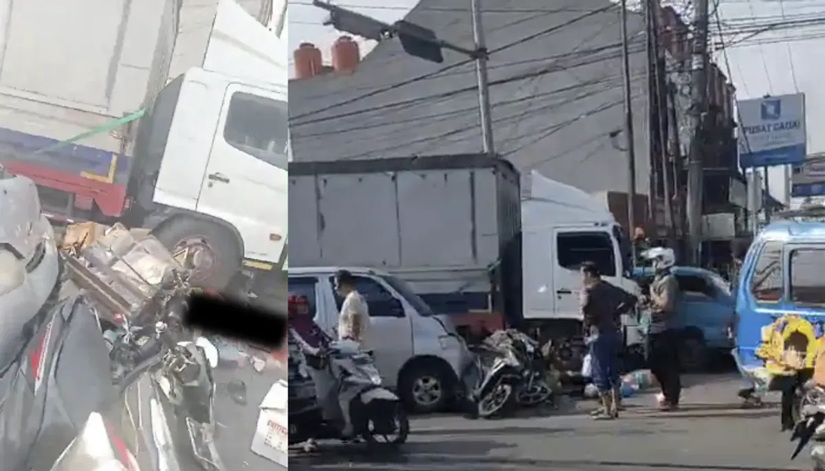 Truk pengangkut garam diduga alami rem blong dan tabrak kendaraan yang antre di lampu merah Dawuan Cikampek. Akibatnya, 2 korban jiwa meninggal dunia. (Sumber: X/@LiliSuparli18)