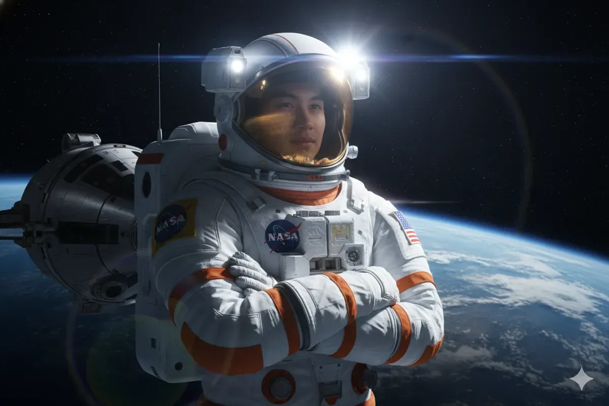 Hasil edit prompt Gemini AI foto cowok menjadi astronot NASA di luar angkasa menyerupai adegan film sci-fi. (Sumber: Freepik/cookie_studio)