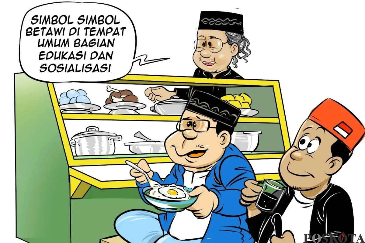 Ilustrasi obrolan warteg Bung Heri, Mas Bro, dan Bang Yudi tentang penguatan identitas Betawi, termasuk pemasangan simbol budaya di ruang publik sebagai bagian edukasi dan sosialisasi. (Sumber: Poskota/Arif Setiadi)