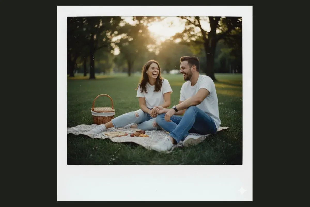 Contoh prompt Gemini AI foto polaroid piknik di taman. (Sumber: Istimewa)