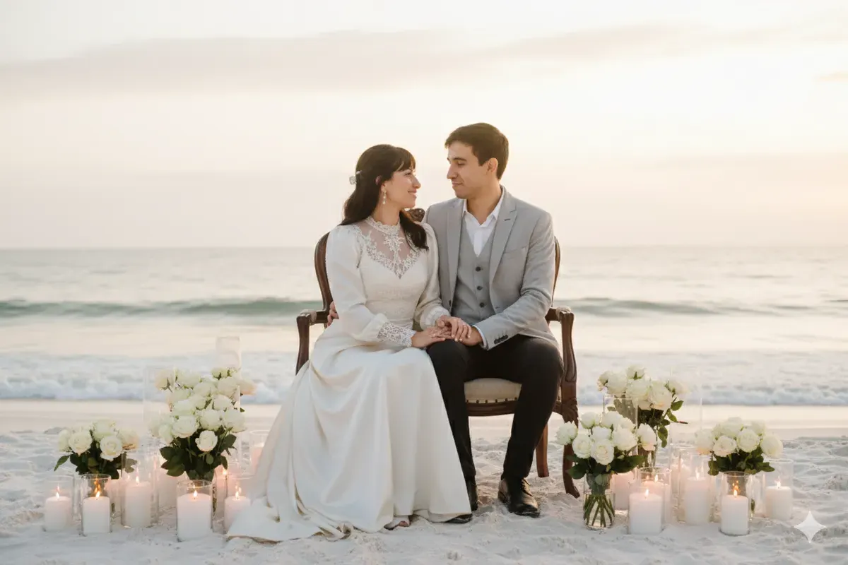 Hasil edit prompt Gemini AI foto prewedding romantis view pantai. (Sumber: Freepik)