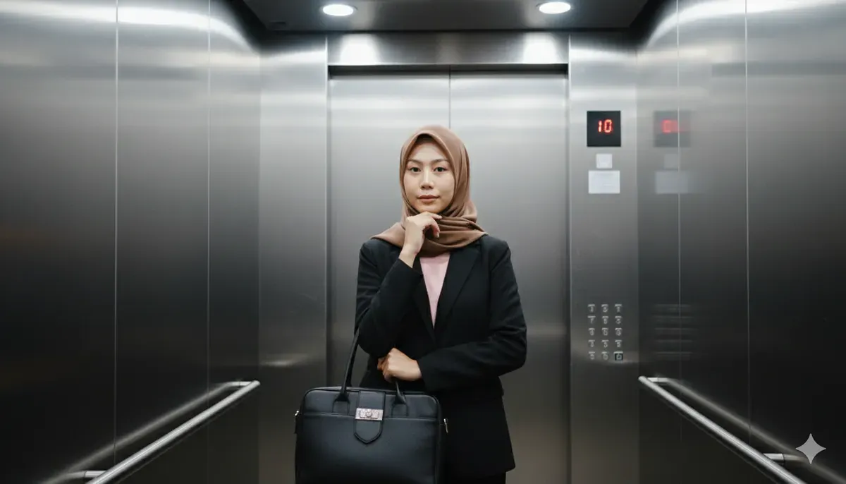 Hasil edit prompt Gemini AI foto wanita berhijab di dalam lift. (Sumber: Freepik/tirachardz)