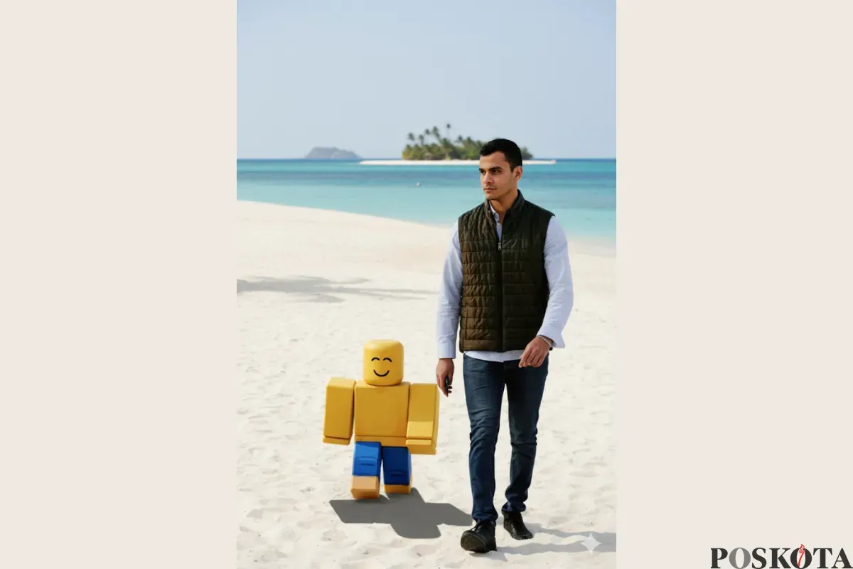 Prompt Gemini AI untuk Edit Foto Bareng Avatar Roblox (Sumber: Unsplash/Nima Motaghian Nejad dan Roblox/Edited Gemini AI Poskota)