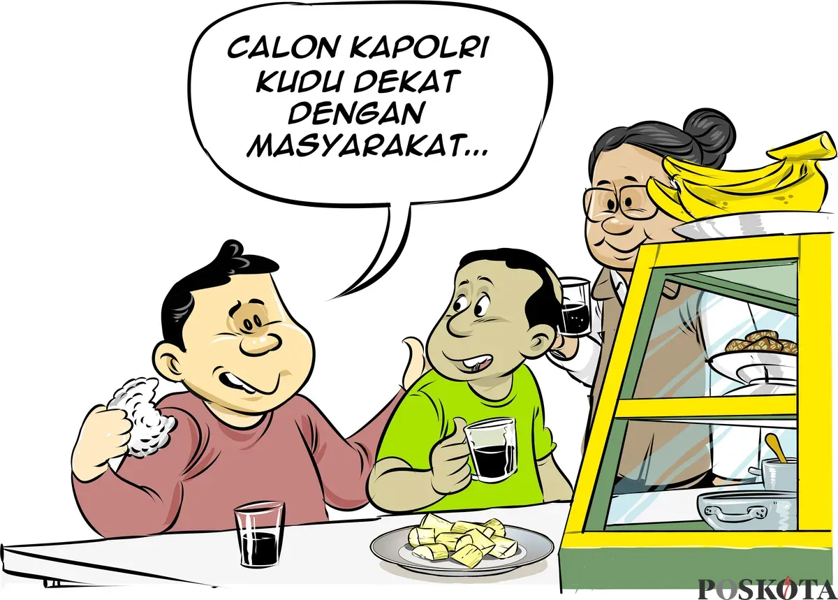 Ilustrasi obrolan warteg, tiga sahabat membahas bursa calon Kapolri. Mereka menekankan pentingnya sosok Kapolri yang dekat dengan masyarakat. (Sumber: Poskota/Arif Setiadi)