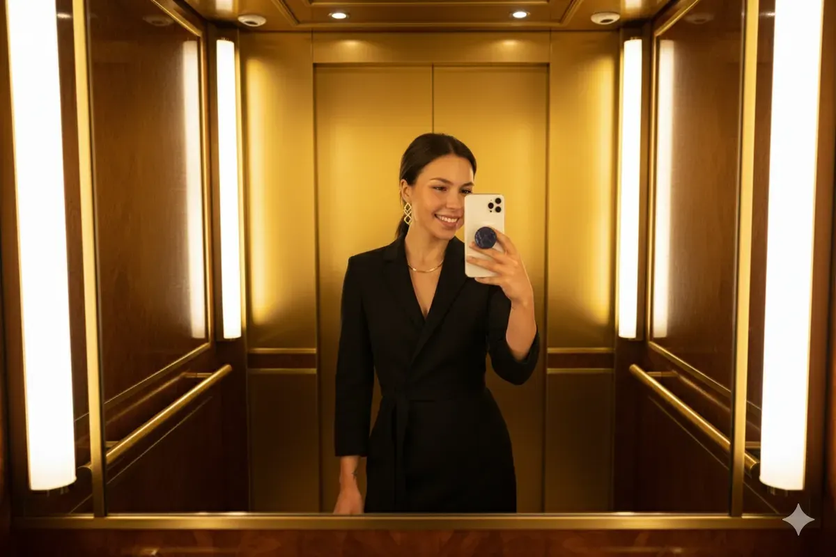 Hasil edit prompt Gemini AI foto viral mirror selfie di lift dengan iPhone 17. (Sumber: Freepik)