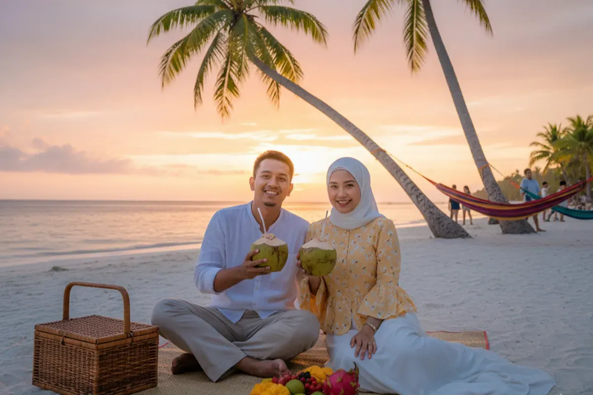 Hasil edit foto pasangan liburan di pantai pakai prompt Gemini AI. (Sumber: Gemini AI)