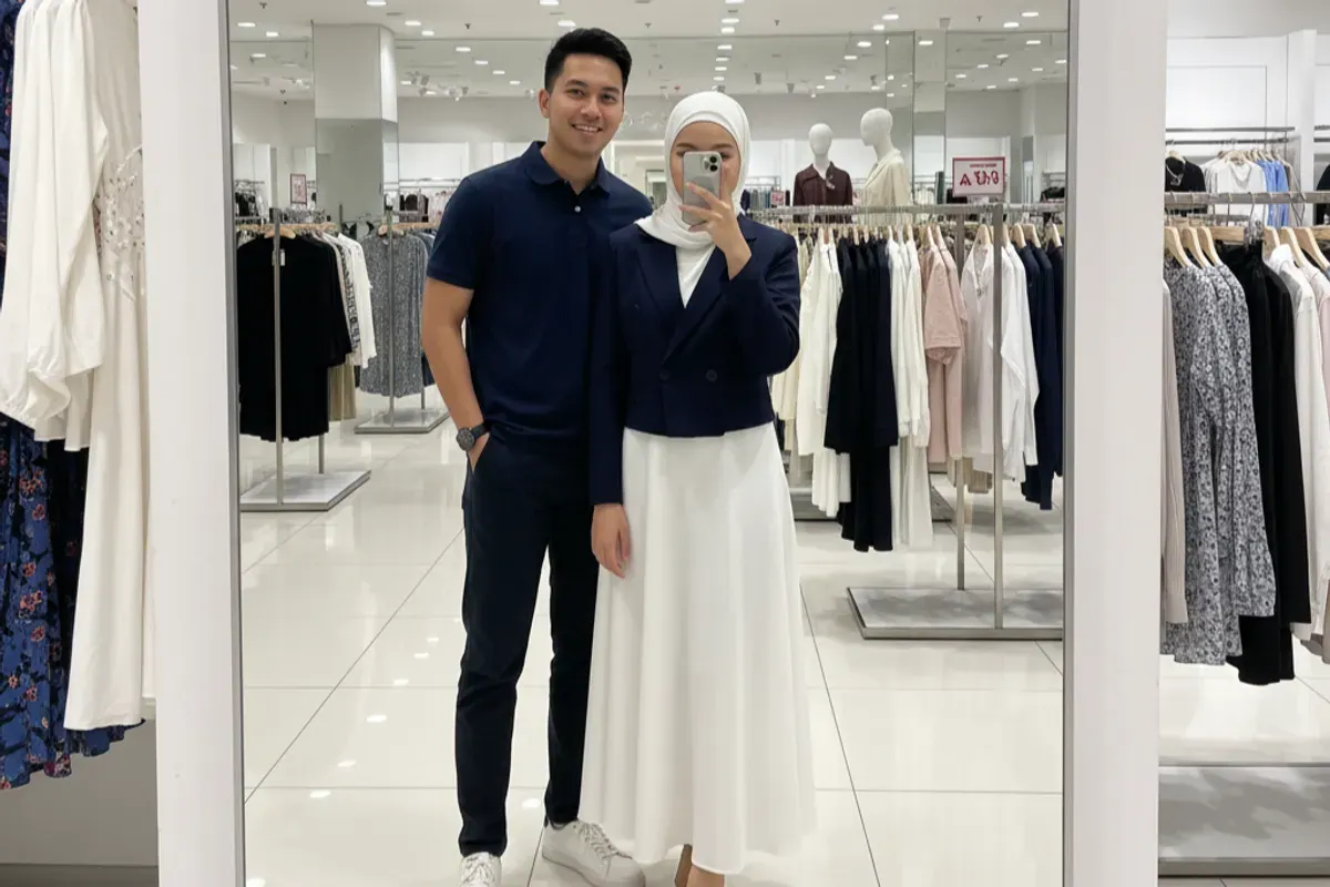 Hasil edit foto pakai prompt Gemini AI untuk foto mirror selfie bareng pacar. (Sumber: Gemini AI)