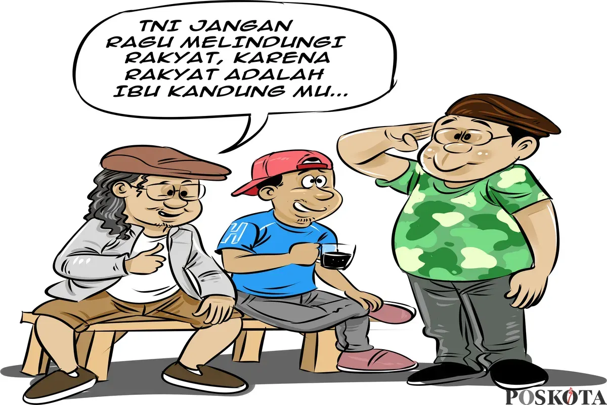 Ilustrasi obrolan warteg: Bung Heri, Mas Bro, dan Bang Yudi membicarakan semangat TNI yang selalu melindungi rakyat, dengan pesan bahwa rakyat adalah ibu kandung TNI. (Sumber: Poskota/Arif Setiadi)