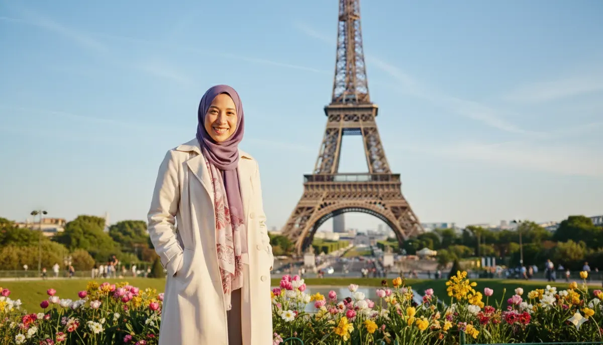 Hasil edit prompt Gemini AI terbaru potret wanita berhijab dengan latar pemandangan luar negeri. (Sumber: Freepik/tirachardz)