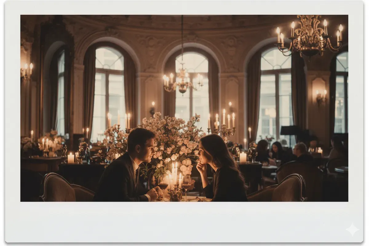 Hasil edit prompt Gemini AI viral foto pasangan romantis yang sedang dinner di kafe mewah dengan hasil akhir bergaya polaroid vintage. (Sumber: Freepik)
