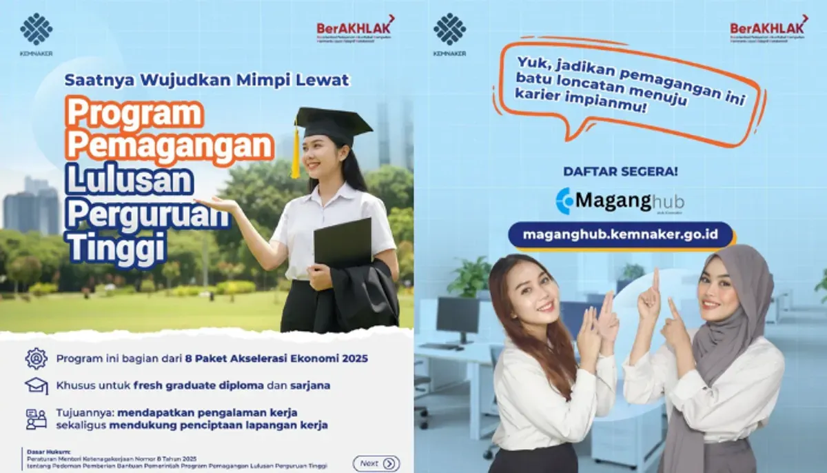 Program MagangHub Kemnaker 2025 dirancang untuk tingkatkan kompetensi dan serap lulusan baru. Cek syarat, jadwal, dan link pendaftaran resmi di sini. (Sumber: Instagram/@kemnaker)