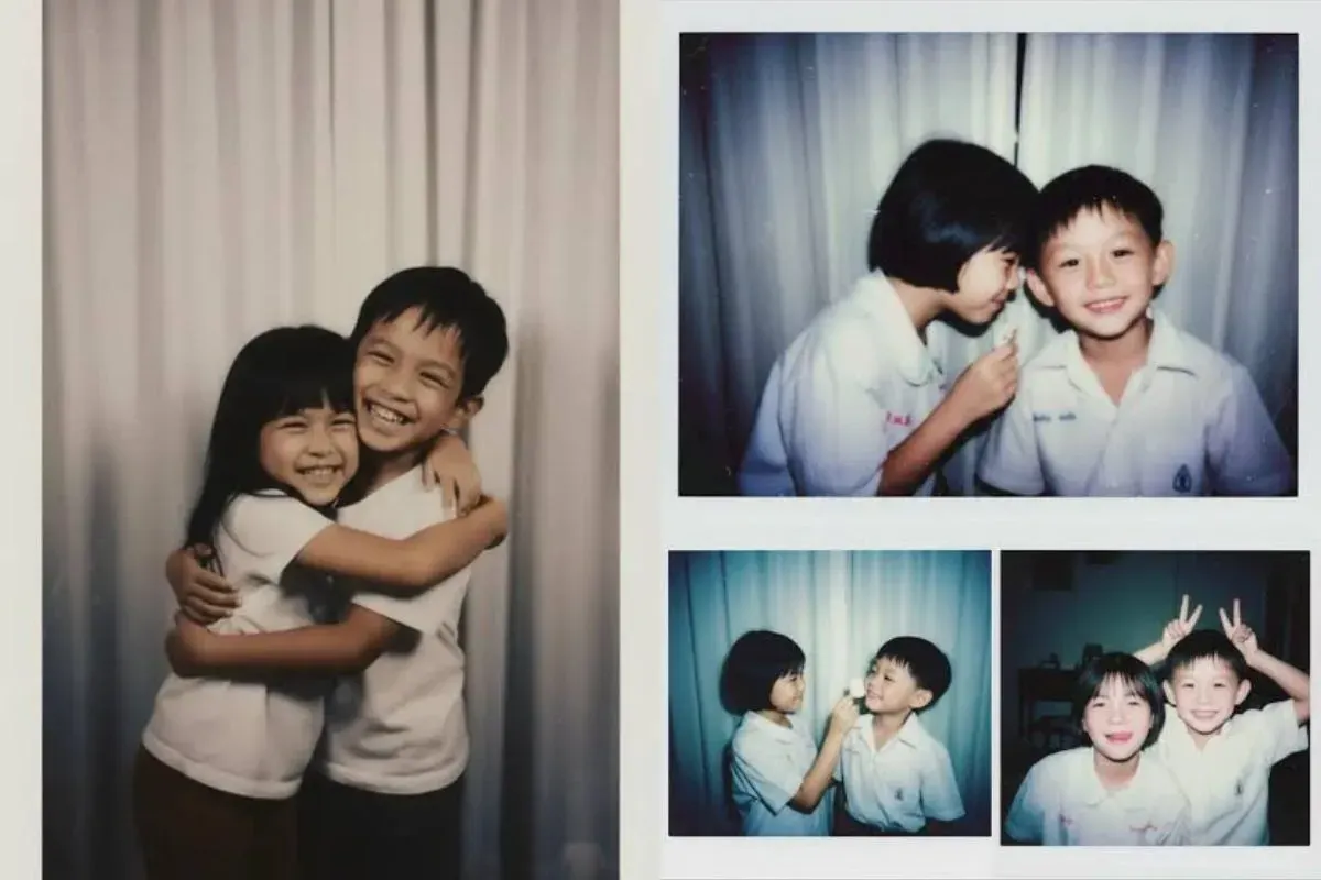 Tren TikTok foto masa kecil pasangan bergaya polaroid. (Sumber: TikTok)