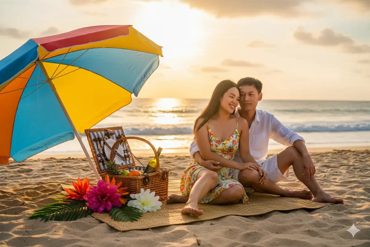 Hasil edit foto prompt Gemini AI keren terbaru pasangan romantis di tepi pantai. (Sumber: Freepik)
