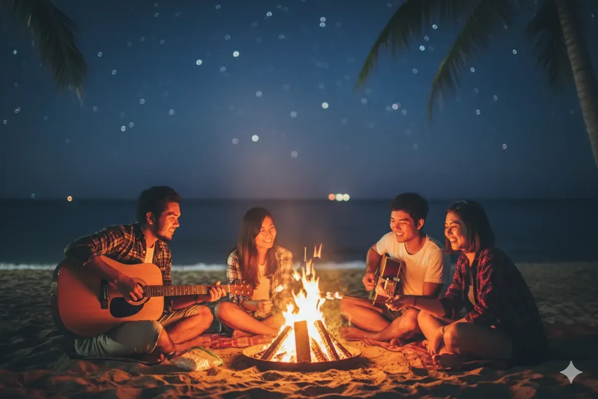 Hasil edit foto prompt Gemini AI liburan keren di pantai bareng teman. (Sumber: Freepik/jcomp)