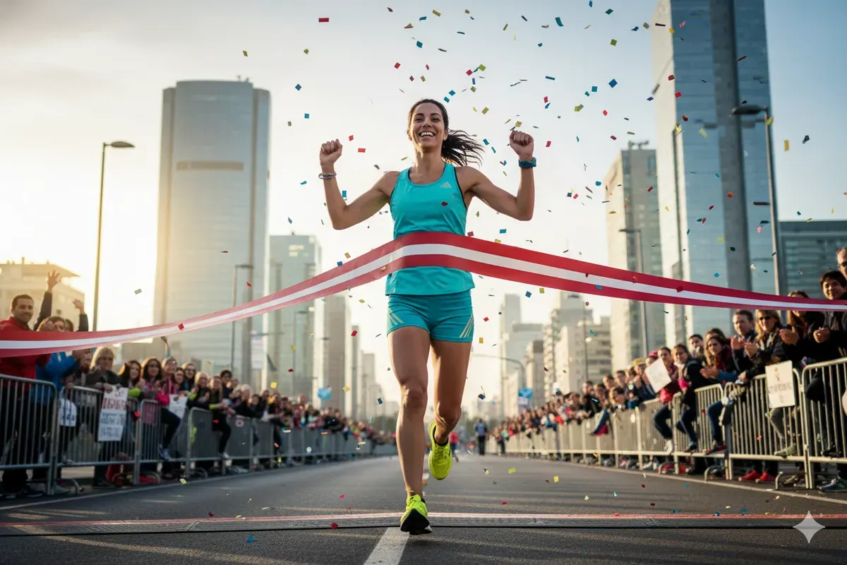 Hasil edit prompt Gemini AI keren foto wanita lari marathon di garis finish. (Sumber: Freepik/nensuria)