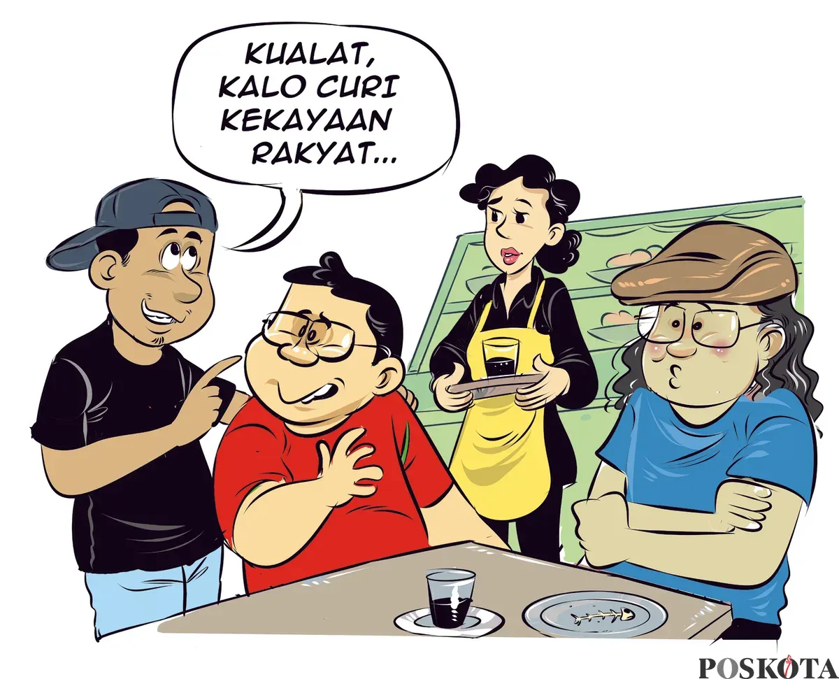 Ilustrasi obrolan di warteg, Bung Heri, Mas Bro, dan Bang Yudi membahas soal tambang ilegal dan peringatan agar tak mencuri kekayaan rakyat. (Sumber: Poskota/Arif Setiadi)