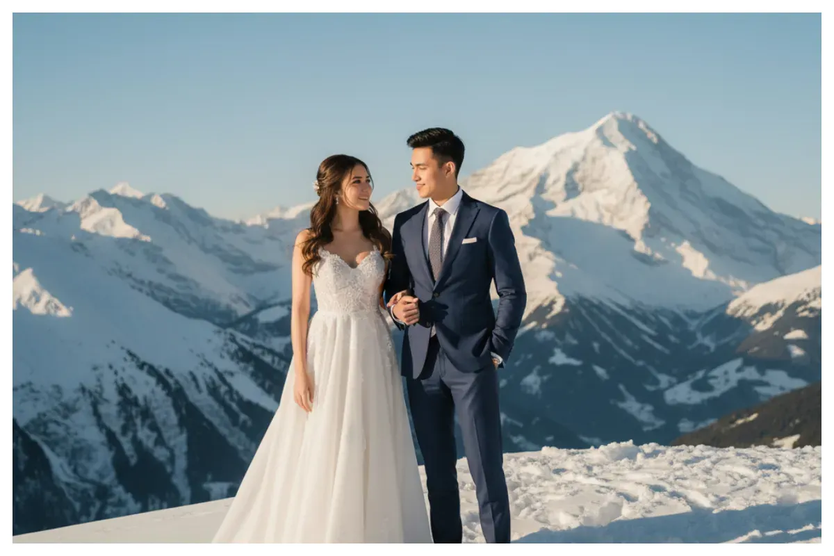 Hasil edit prompt Gemini AI prewedding terbaru dengan konsep ala Syifa Hadju dan El Rumi di pegunungan Swiss. (Sumber: Freepik/jcomp)