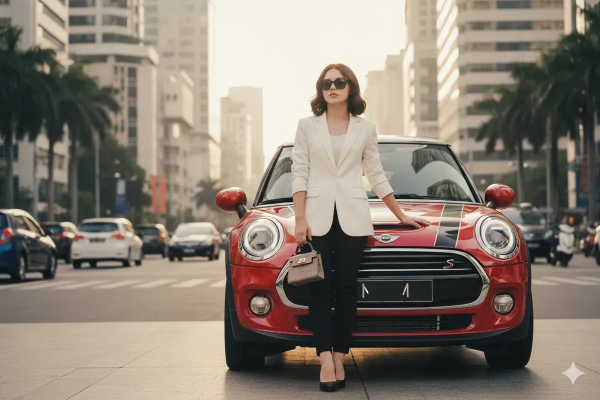 Hasil edit prompt Gemini AI foto wanita viral di samping mobil Mini Cooper. (Sumber: Freepik/user18526052)