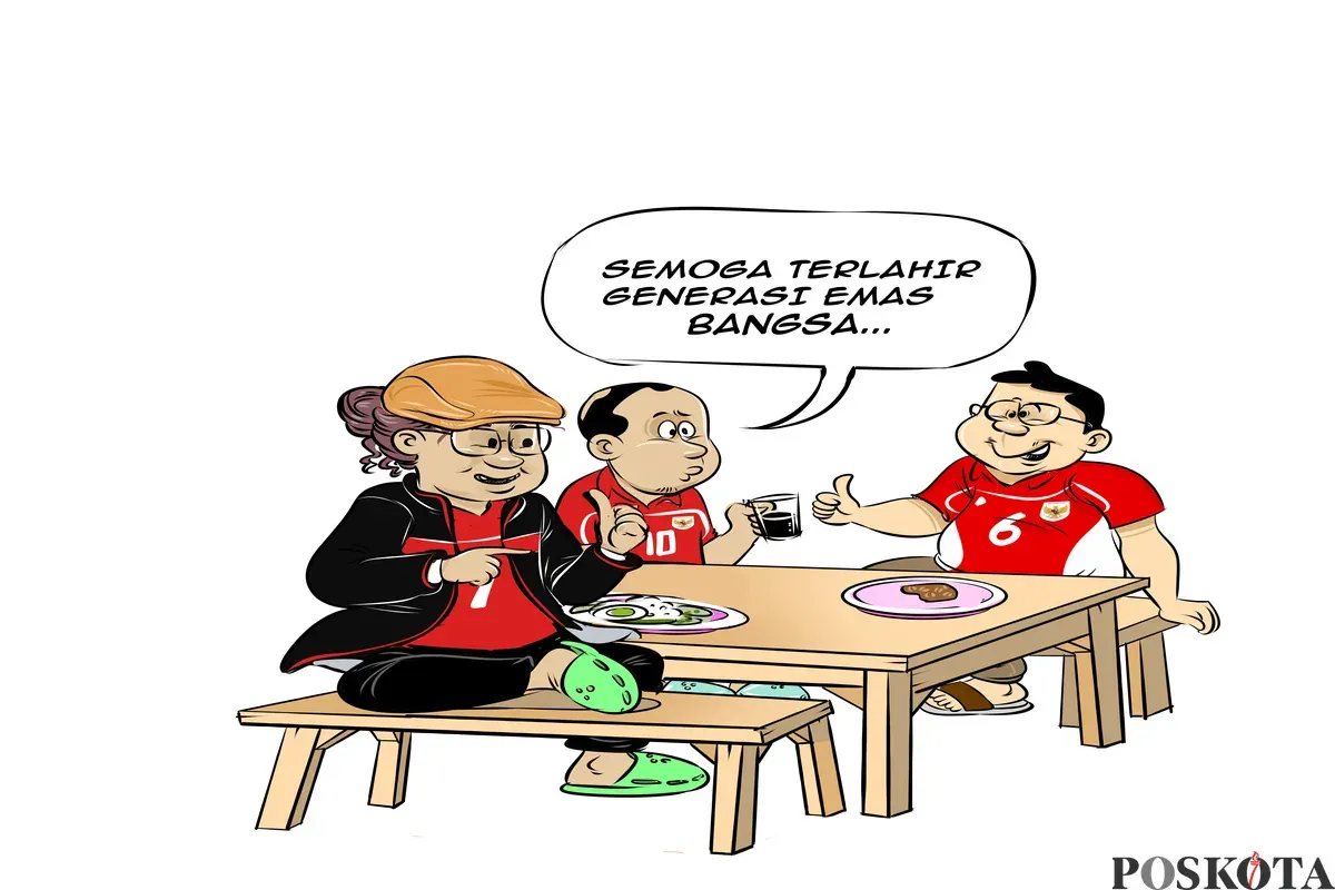 Ilustrasi obrolan warteg antara Bung Heri, Mas Bro, dan Bang Yudi membahas pentingnya mencetak generasi emas bangsa melalui program Sekolah Garuda. (Sumber: Poskota/Arif Setiadi)