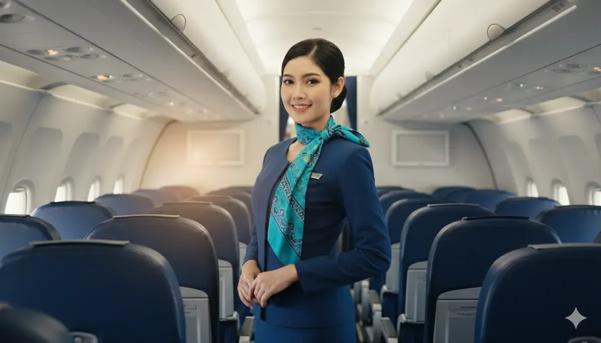 Hasil edit prompt Gemini AI terbaru foto sendiri menjadi pramugari Garuda Indonesia. (Sumber: Freepik/tirachardz)