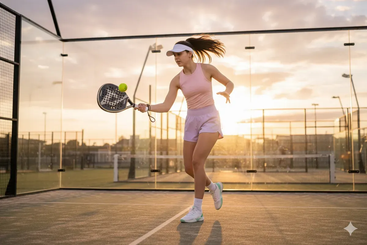 Hasil edit prompt Gemini AI foto wanita sporty sambil olahraga padel. (Sumber: Freepik/user18526052)