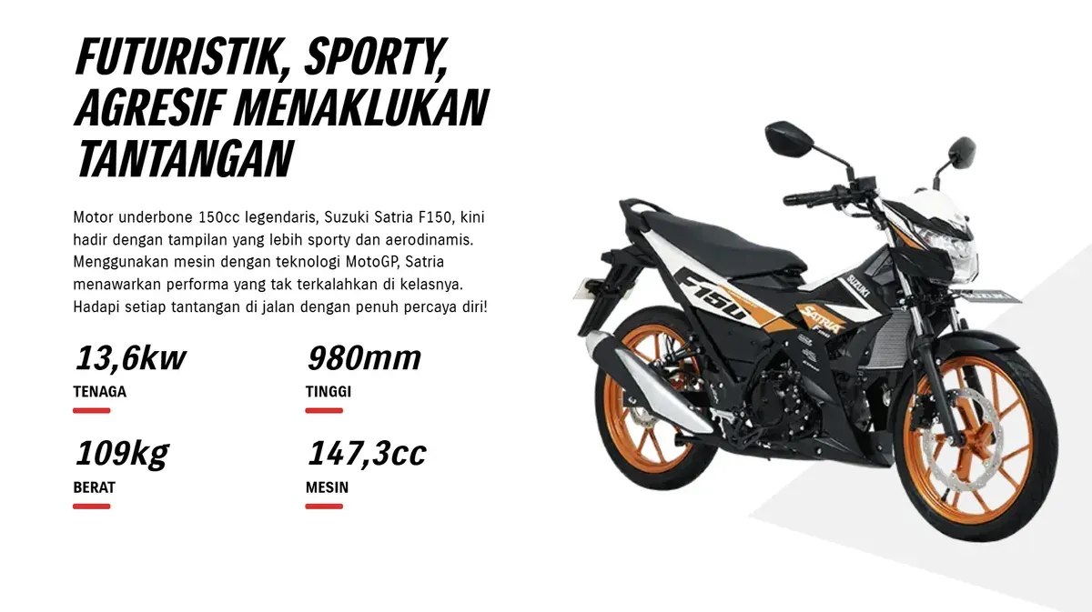 Desain terbaru Suzuki Satria F150 2025 tampil lebih agresif dan modern, siap kembali jadi ikon motor bebek sport Indonesia. (Sumber: Dok/Suzuki Indonesia)