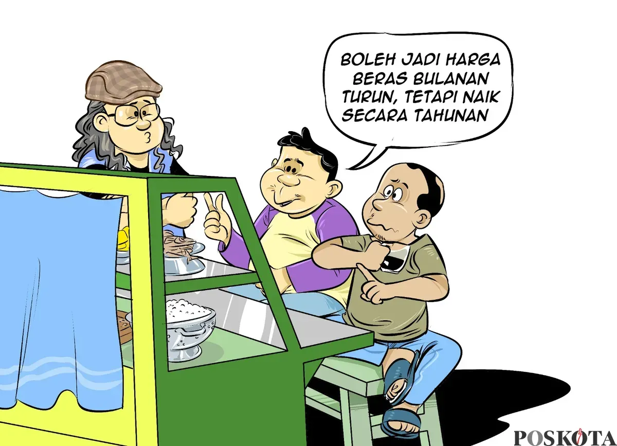 Ilustrasi obrolan di warteg: Warga membahas penurunan harga beras yang terjadi pada September 2025, namun secara tahunan harganya masih menunjukkan kenaikan. (Sumber: Poskota/Arif Setiadi)