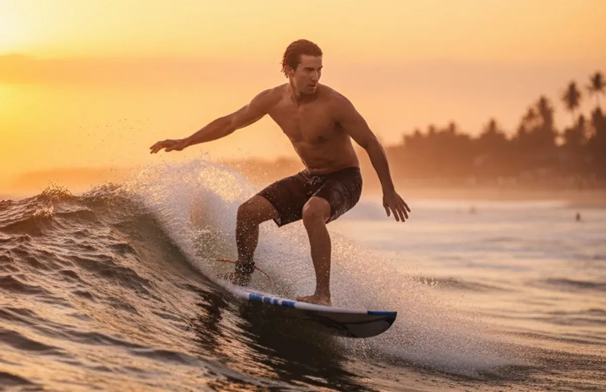 Hasil edit prompt Gemini AI foto cowok keren di pantai Bali sambil surfing. (Sumber: Freepik)
