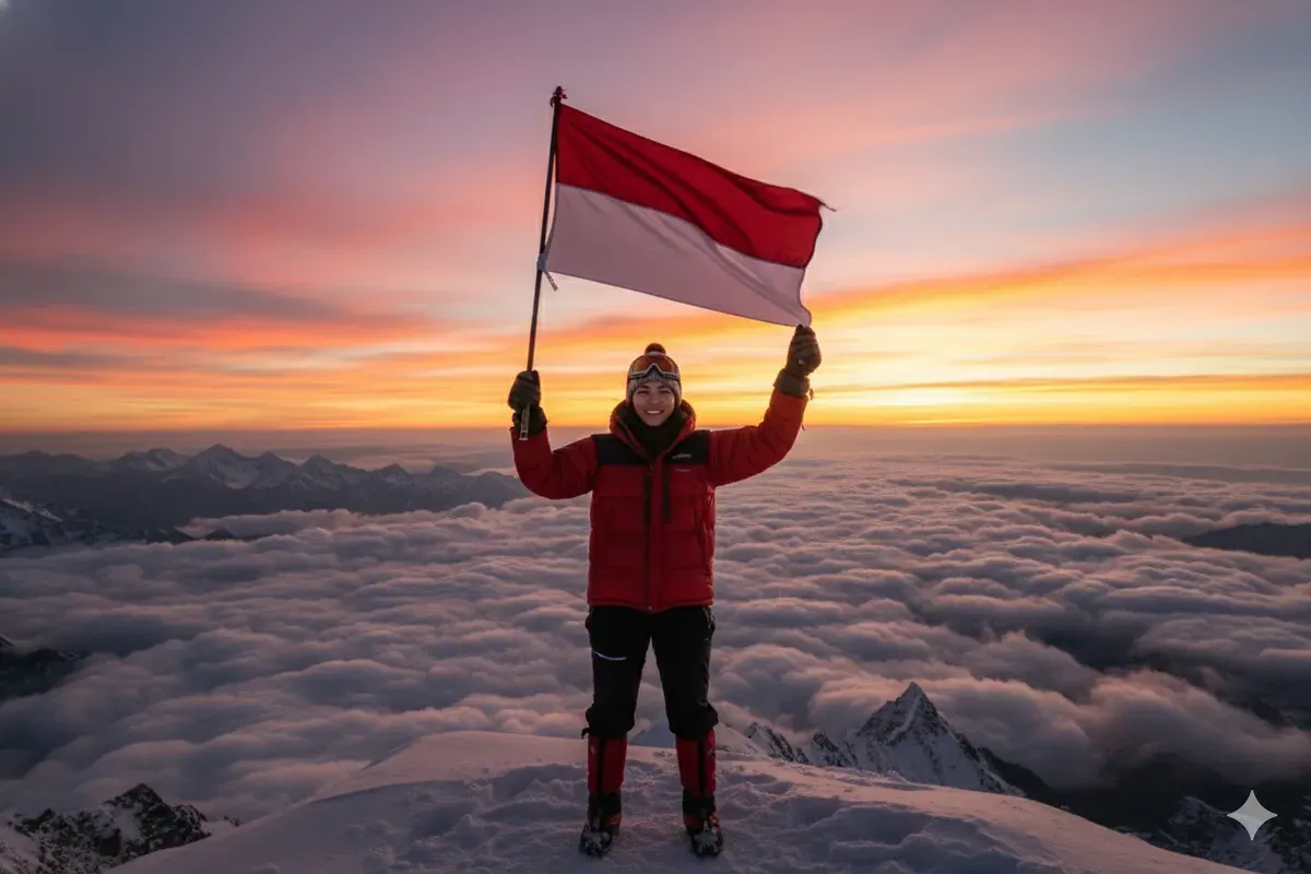 Hasil edit prompt Gemini AI foto wanita di puncak Gunung Himalaya. (Sumber: Freepik/lookstudio)