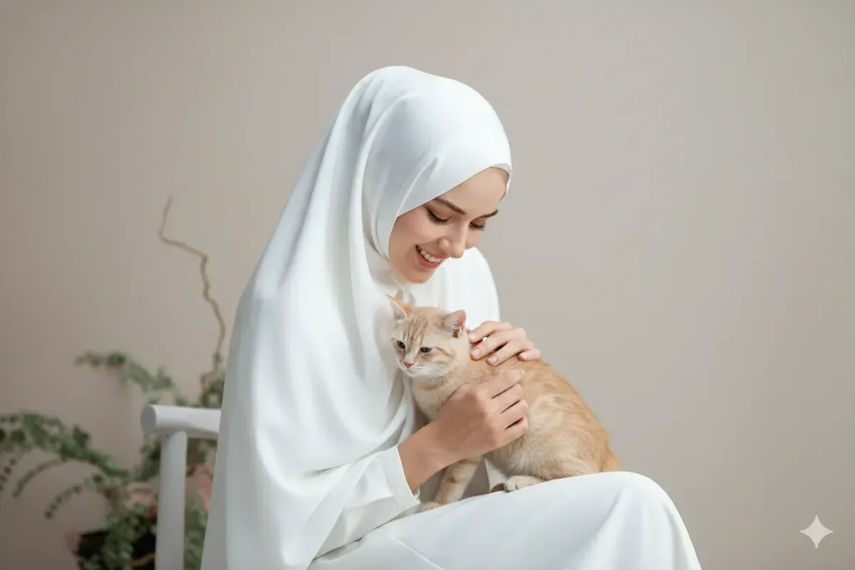 Hasil edit foto prompt Gemini AI terbaru foto wanita berhijab dengan kucing peliharaan di studio. (Sumber: Freepik)