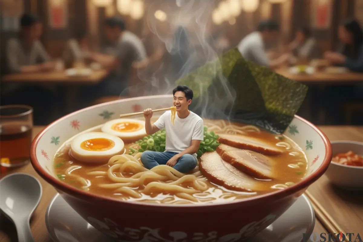 Hasil edit foto diri sendiri di atas makanan yang dibuat pakai prompt Gemini AI. (Sumber: Gemini AI)