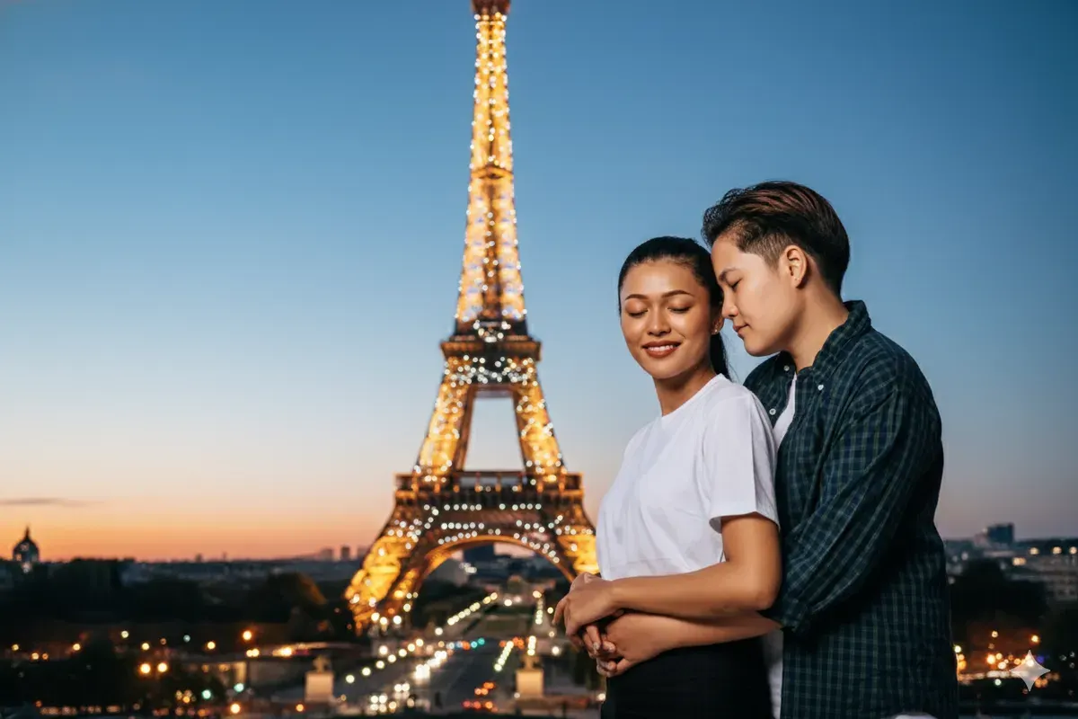 Hasil edit prompt Gemini AI foto pasangan romantis liburan di Eropa. (Sumber: Freepik/jcomp)