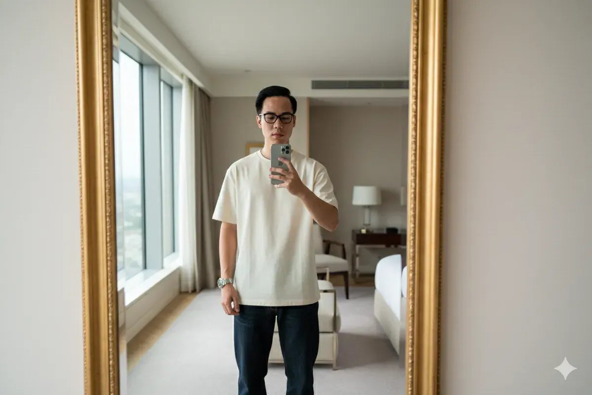 Hasil edi foto prompt Gemini AI terbaru foto cowok pakai iPhone 17 Pro Max sambil mirror selfie di hotel bintang lima. (Sumber: Freepik)