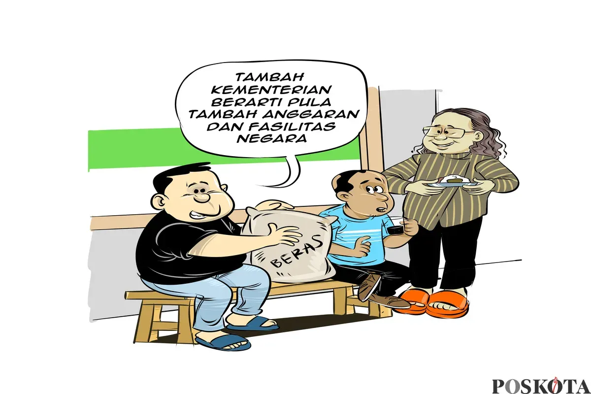 Ilustrasi obrolan di warteg: Tiga sahabat membahas usulan kenaikan status Bulog menjadi kementerian. “Tambah kementerian berarti pula tambah anggaran dan fasilitas negara,” ujar salah satu tokoh dalam percakapan. (Sumber: Poskota/Arif Setiadi)