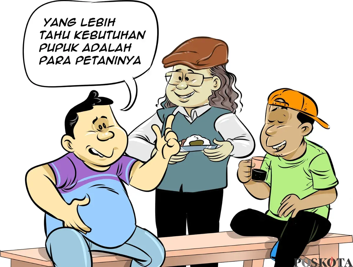 Ilustrasi obrolan warteg: Tiga sahabat berdiskusi santai tentang kebijakan baru distribusi pupuk. Pesan pentingnya, yang paling tahu kebutuhan pupuk sesungguhnya adalah para petani sendiri. (Sumber: Poskota/Arif Setiadi)
