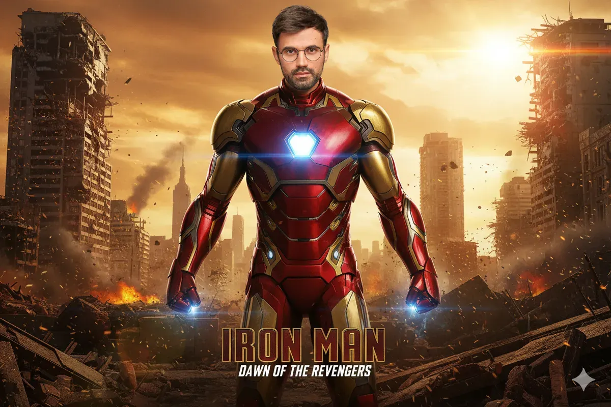 Hasil edit prompt Gemini AI foto cowok biasa menjadi Iron Man yang mirip Tony Stark. (Sumber: Freepik/wayhomestudio)