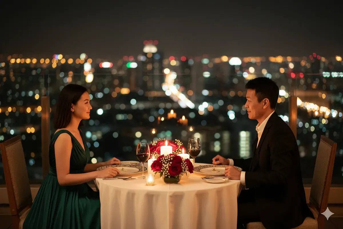 Hasil edit prompt Gemini AI foto pasangan untuk dinner romantis dengan view citylight di gedung tertinggi. (Sumber: Freepik)