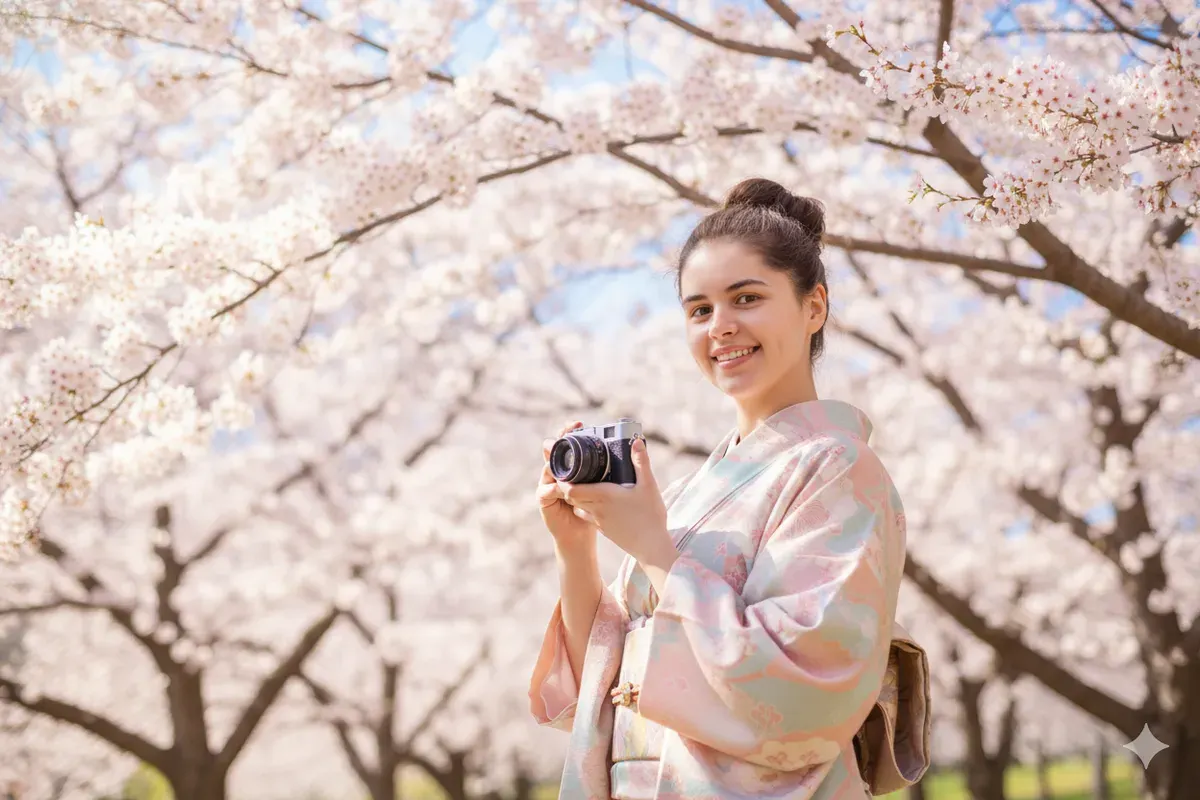 Hasil edit prompt Gemini AI terbaru edit foto wanita liburan di Jepang dengan view bunga sakura. (Sumber: Freepik/user18526052)