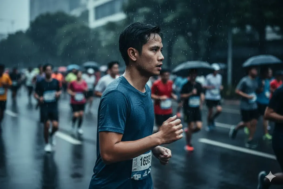 Hasil edit prompt Gemini AI foto cowok keren di event marathon. (Sumber: Freepik/drobotdean)