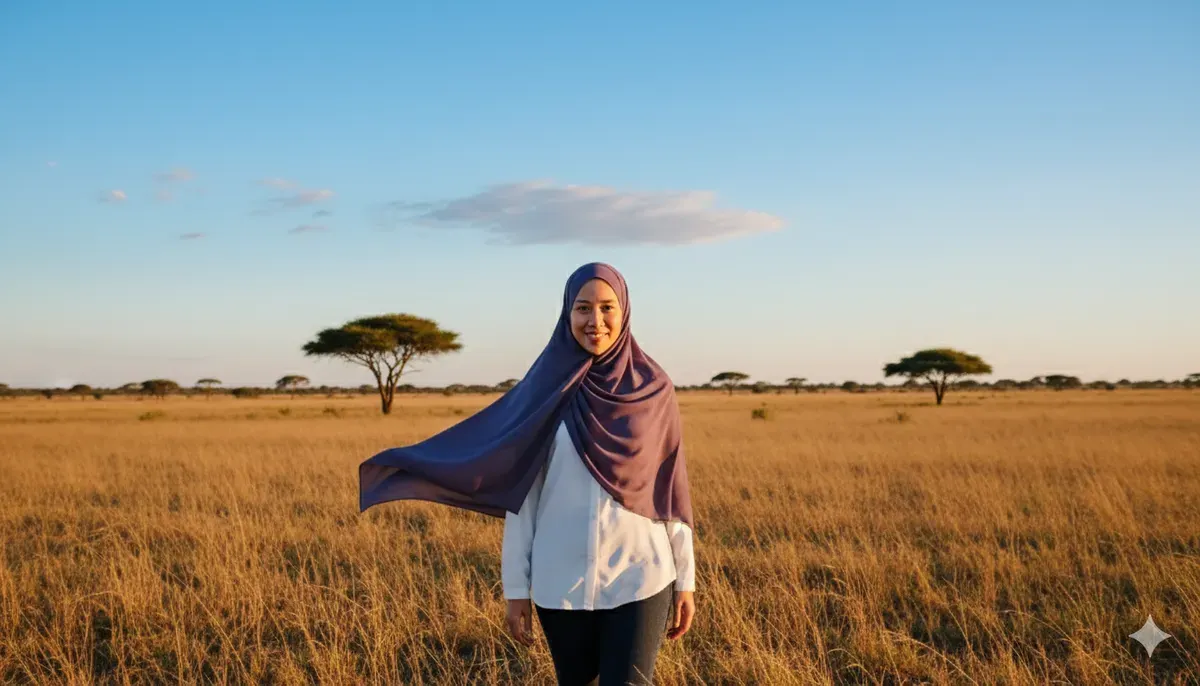 Hasil edit prompt Gemini AI terbaru foto wanita berhijab di savana Afrika. (Sumber: Freepik/tirachardz)