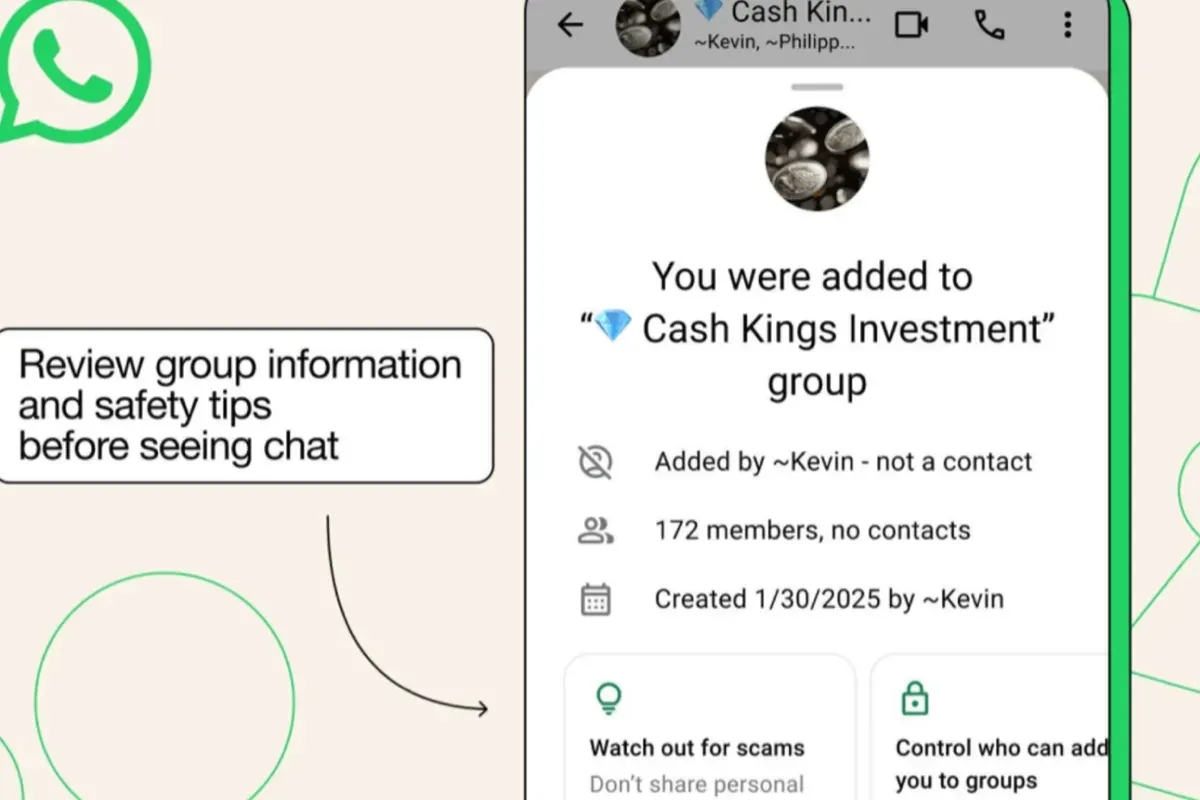 Ilustrasi fitur WhatsApp untuk mencegah aktivitas penipuan online. (Sumber: WhatsApp)